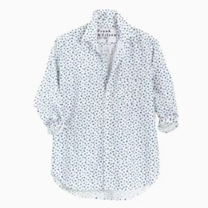 FRANK & EILEEN Heart Print Buttondown Top Shirt White Blue Button Down Large